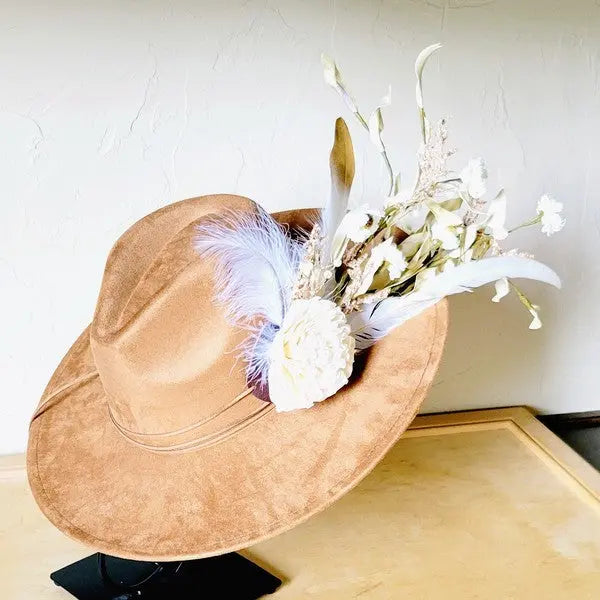 Boho Western Wedding Floral Feather Bridal Hat Tan - FamilyClothes