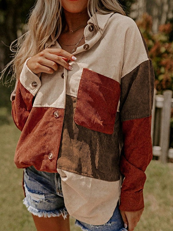 Corduroy Boho Patch Button Shirt Shacket - FamilyClothes