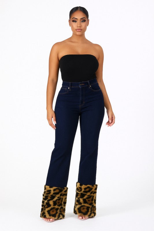 Wide Leg Jeans with Leopard Faux Fur Cuffs - FamilyClothes