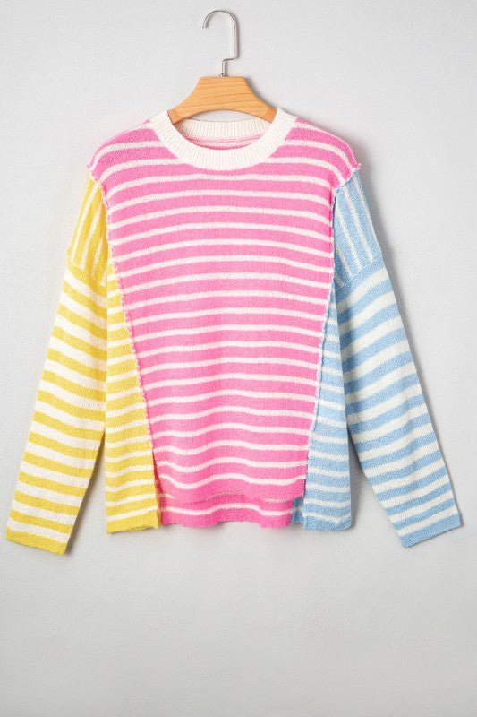 Colorblock Striped Patchwork Dolman Slit Sweater - FamilyClothes