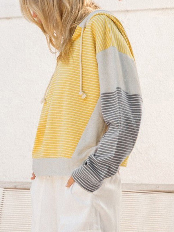 Cotton Stripe V Neck Loose Fit Hooded Pull Over - FamilyClothes