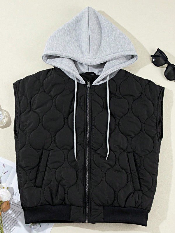 Oversized Puffer Vest with Drawstring Hood and Zip Up Closure - FamilyClothes