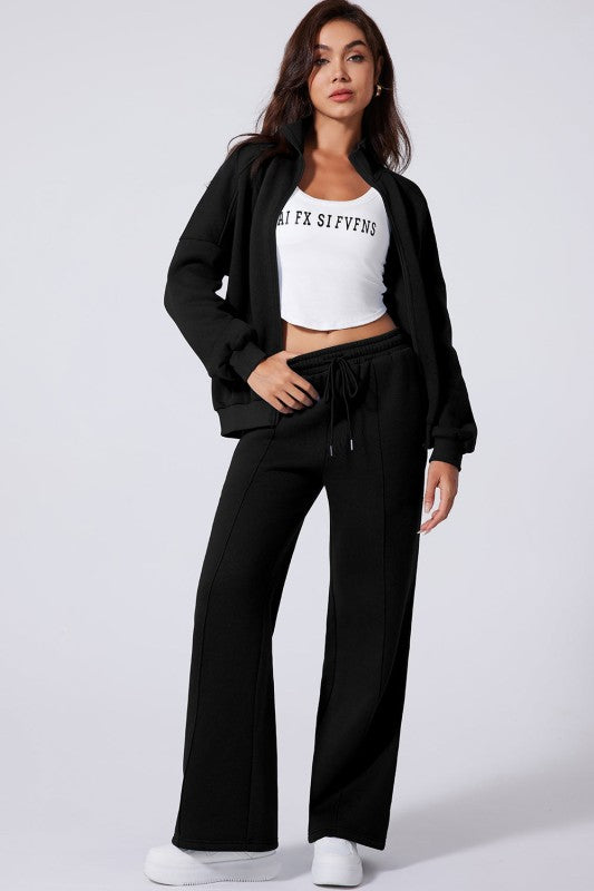 Solid Zip-Up Jacket and Drawstring Pants Set - FamilyClothes