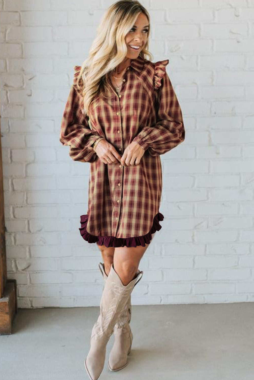 Red Plaid Mini Shirt Dress with Ruffled Long Sleeves and Patchwork Hem - FamilyClothes