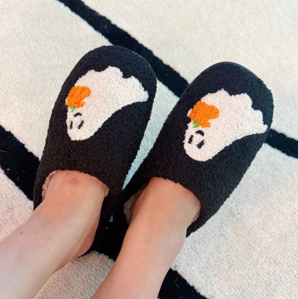 Spooky Ghost Cozy Slippers – Soft Black Slippers w - FamilyClothes