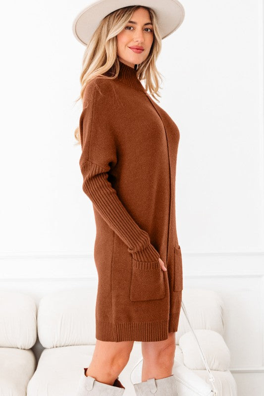 Solid Ribbed Mock Neck Sweater Dress - FamilyClothes