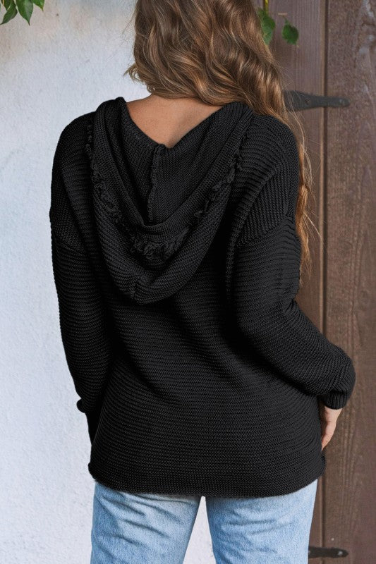 Solid Ribbed Drop Shoulder Hooded V-Neck Sweater - FamilyClothes