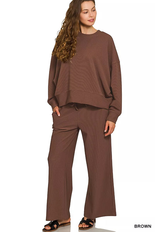 Zenana Ribbed Pullover Set with Round Neck and Drawstring Pants - FamilyClothes