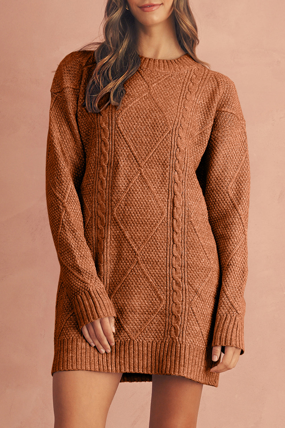 Coffee Knit Sweater Dress - Cable Knit Drop Shoulder Loose Fit Design - FamilyClothes