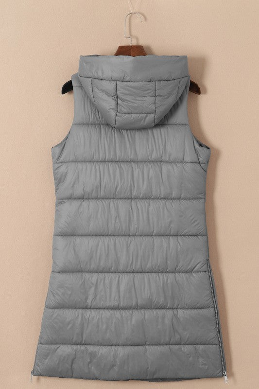 Solid Quilted Long Hooded Vest Coat - FamilyClothes