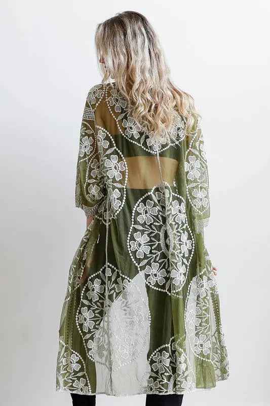 Contrast Mesh Cotton Lace Kimono - FamilyClothes