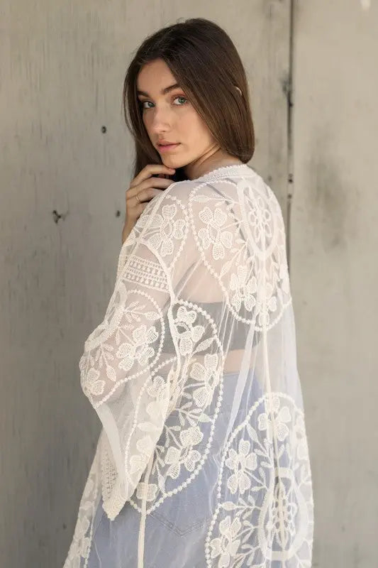 Contrast Mesh Cotton Lace Kimono - FamilyClothes