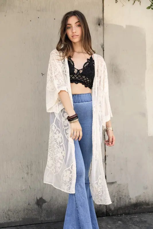 Contrast Mesh Cotton Lace Kimono - FamilyClothes