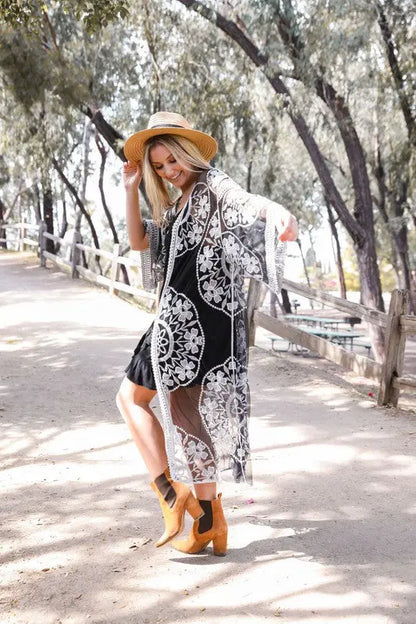 Contrast Mesh Cotton Lace Kimono - FamilyClothes