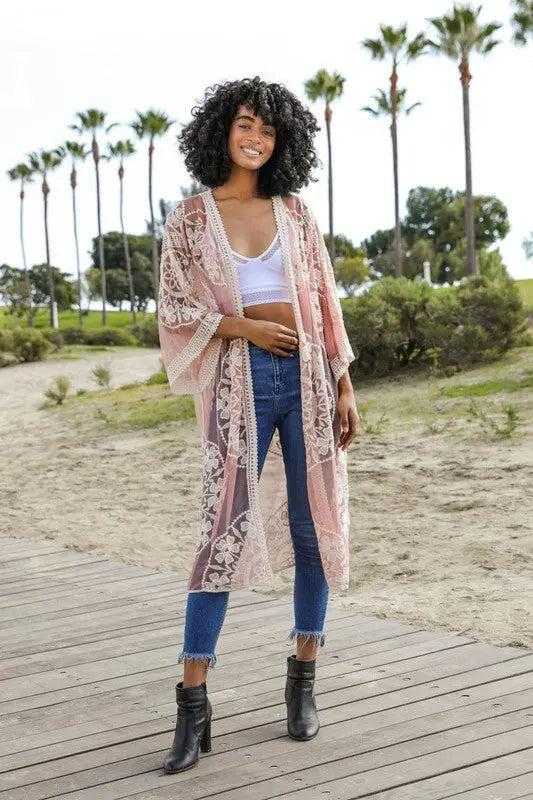 Contrast Mesh Cotton Lace Kimono - FamilyClothes