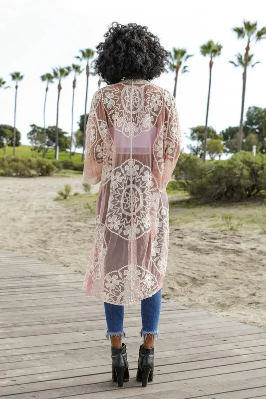 Contrast Mesh Cotton Lace Kimono - FamilyClothes