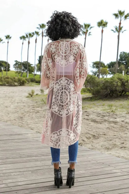 Contrast Mesh Cotton Lace Kimono - FamilyClothes