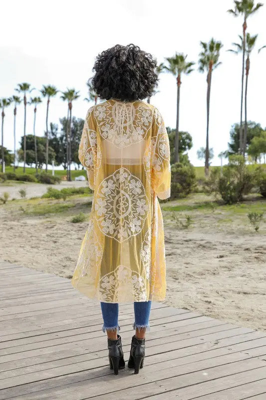 Contrast Mesh Cotton Lace Kimono - FamilyClothes