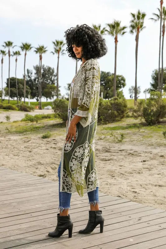 Contrast Mesh Cotton Lace Kimono - FamilyClothes