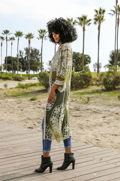 Contrast Mesh Cotton Lace Kimono - FamilyClothes