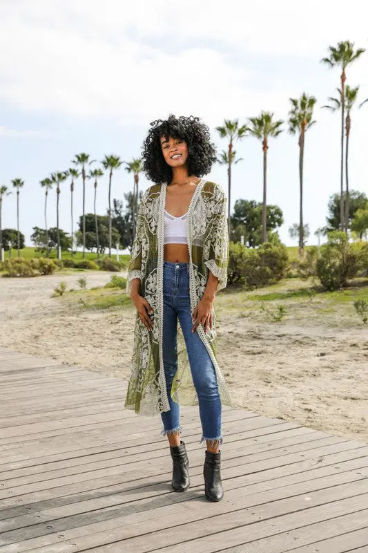 Contrast Mesh Cotton Lace Kimono - FamilyClothes