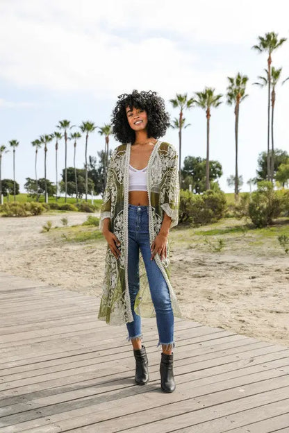 Contrast Mesh Cotton Lace Kimono - FamilyClothes