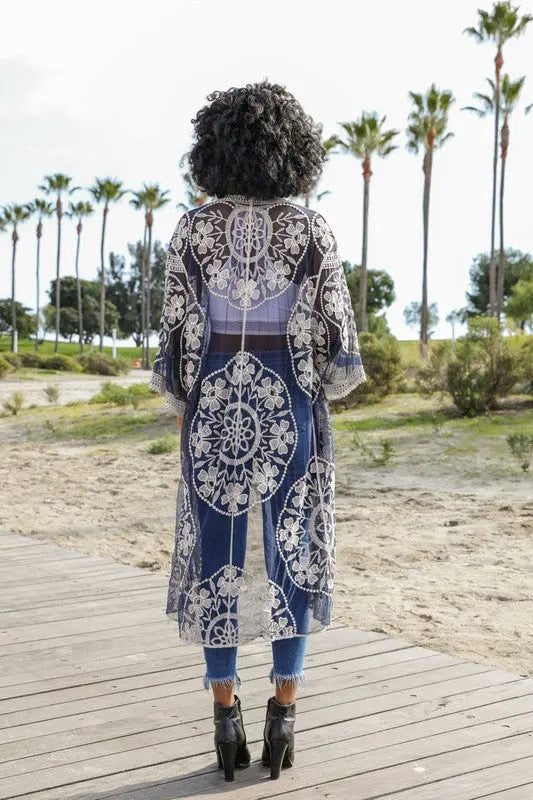 Contrast Mesh Cotton Lace Kimono - FamilyClothes