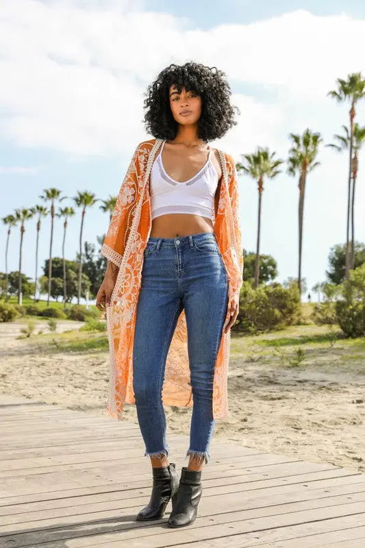 Contrast Mesh Cotton Lace Kimono - FamilyClothes