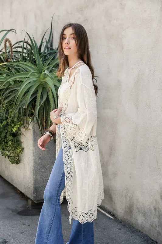 Crochet Open Patch Longline Kimono - FamilyClothes