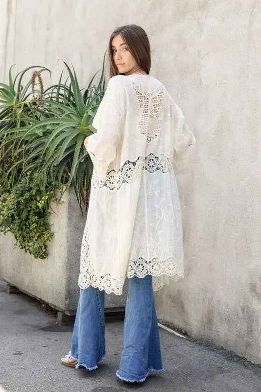 Crochet Open Patch Longline Kimono - FamilyClothes
