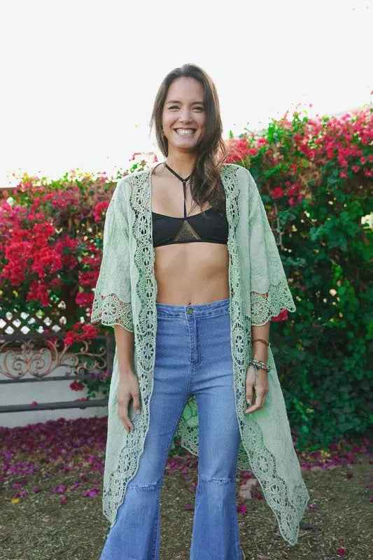 Crochet Open Patch Longline Kimono - FamilyClothes