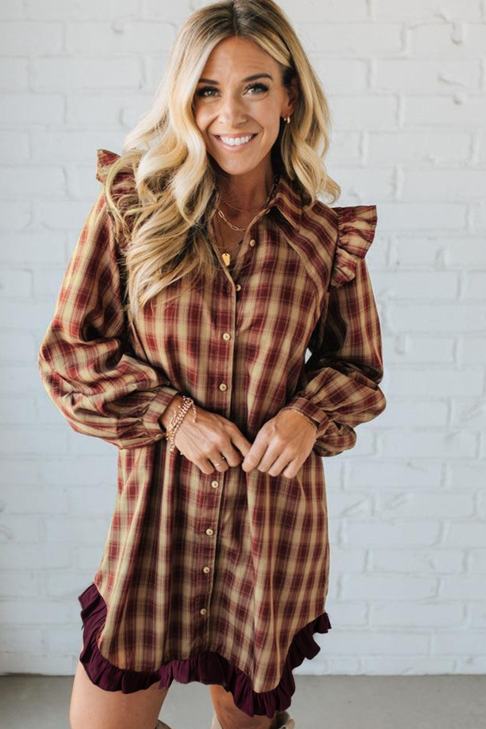 Red Plaid Mini Shirt Dress with Ruffled Long Sleeves and Patchwork Hem - FamilyClothes
