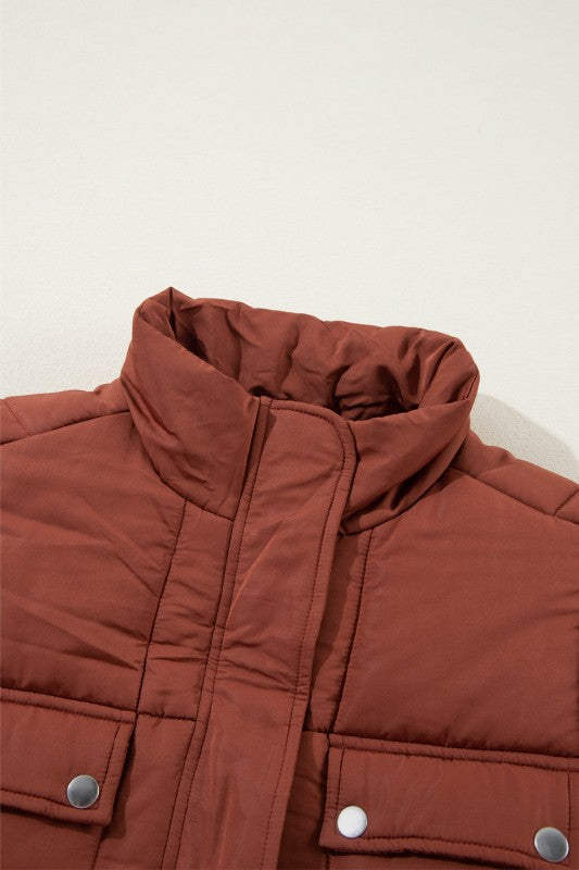 Solid Quilted Stand-Neck Zip-Up Buttoned  Puffer C - FamilyClothes