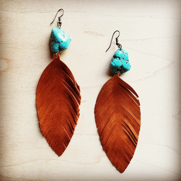 Tan Suede Feather Earrings with Turquoise Chunks - FamilyClothes