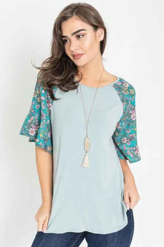 Floral Ruffle Sleeve Tunic - FamilyClothes