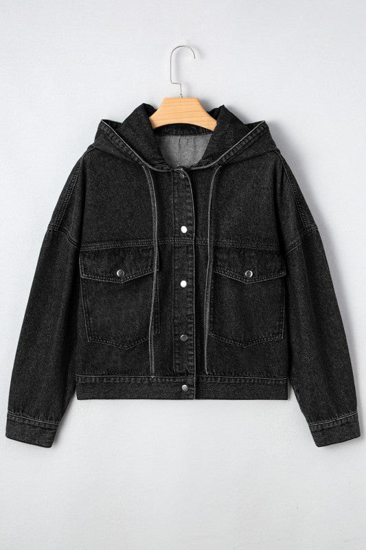 Denim Chest Pocket Drop Shoulder Hooded Jacket - FamilyClothes