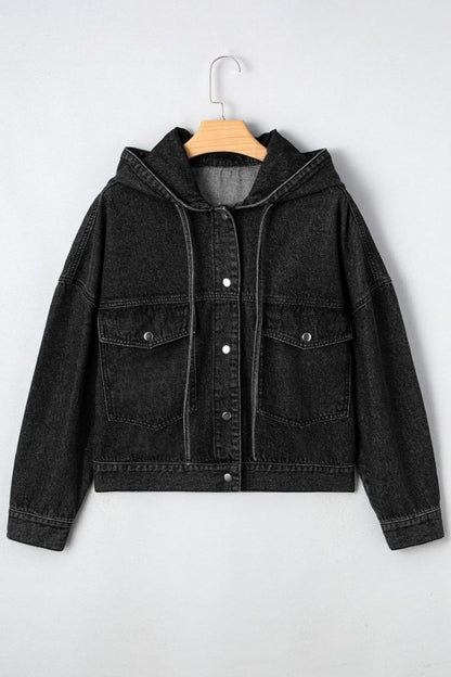 Denim Chest Pocket Drop Shoulder Hooded Jacket - FamilyClothes