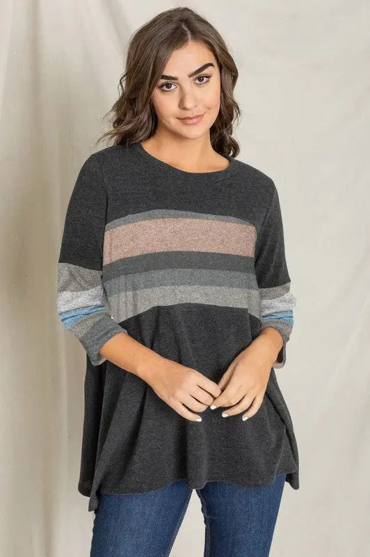 Knit Stripe Panel A Line Tunic - FamilyClothes