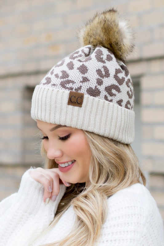 Leopard Fur Pom Beanie - FamilyClothes
