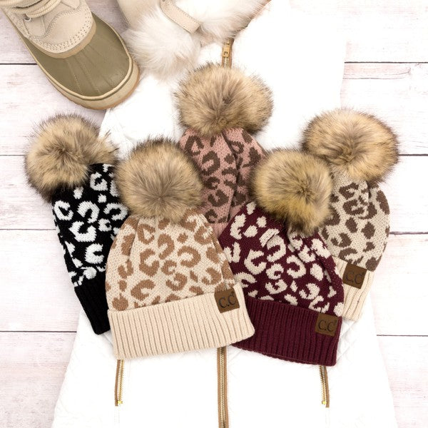Leopard Fur Pom Beanie - FamilyClothes