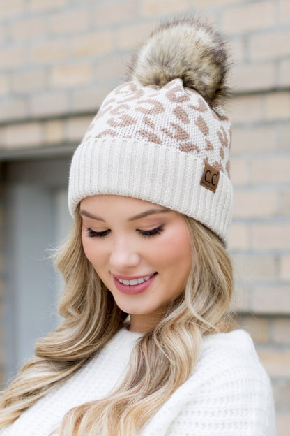 Leopard Fur Pom Beanie - FamilyClothes