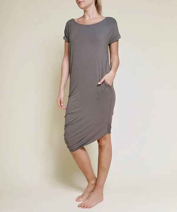 BAMBOO ASYMMETRIC DOLMAN DRESS WITH POCKETS - FamilyClothes