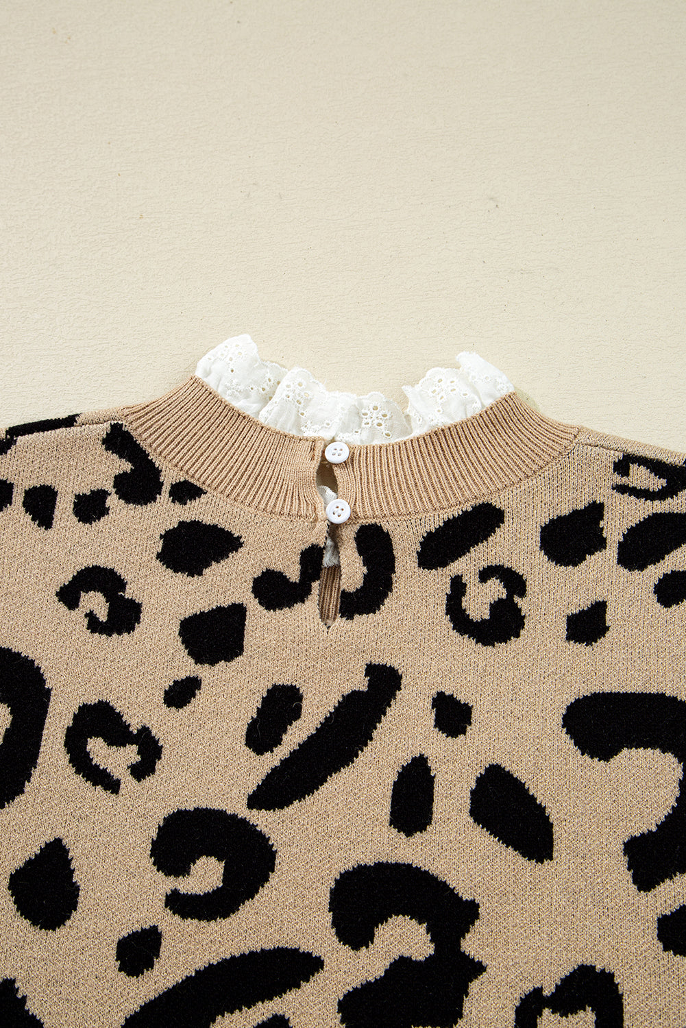 Brown Leopard Pattern Lace Trim Ribbed Detail Button Cuffed Sweater - FamilyClothes