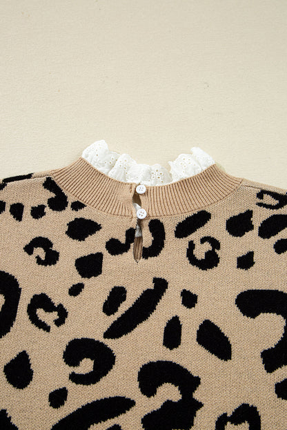 Brown Leopard Pattern Lace Trim Ribbed Detail Button Cuffed Sweater - FamilyClothes