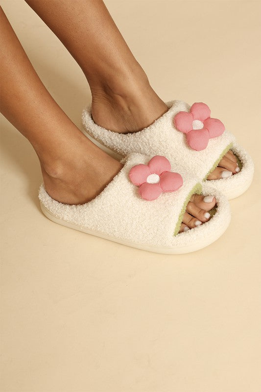 Sherpa slippers with contrast 3D flower detail - FamilyClothes