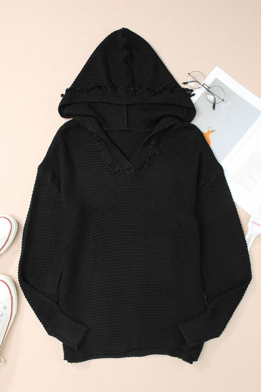 Solid Ribbed Drop Shoulder Hooded V-Neck Sweater - FamilyClothes