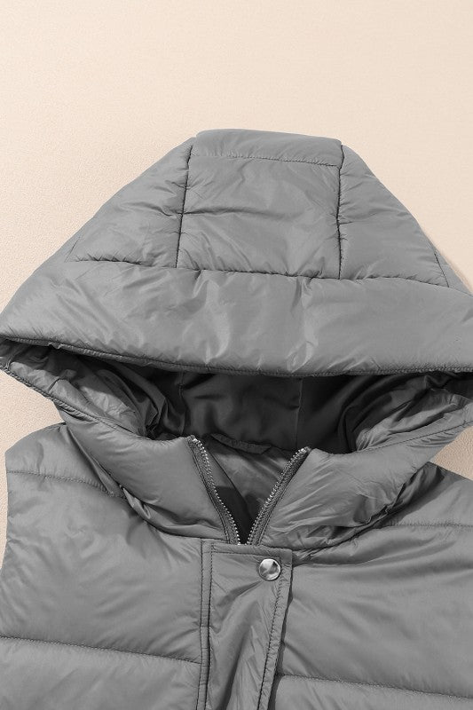 Solid Quilted Long Hooded Vest Coat - FamilyClothes