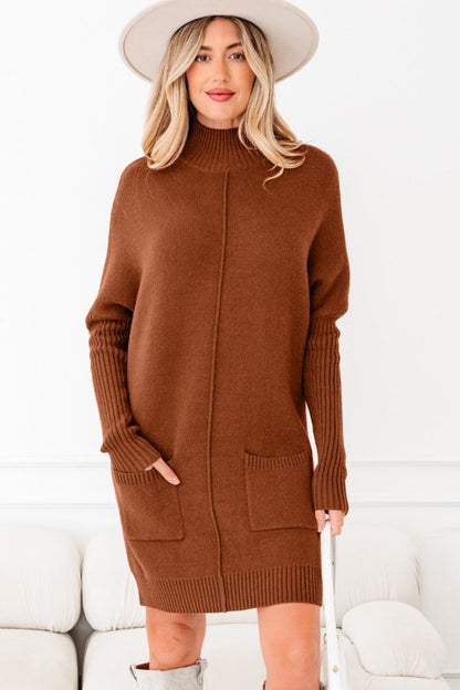 Solid Ribbed Mock Neck Sweater Dress - FamilyClothes