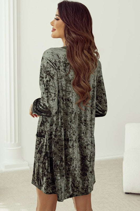 Velvet Long Sleeve V-Neck Side Pocket Dress - FamilyClothes