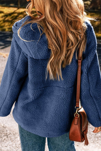 Solid Fleece Zip-Up Drawstring Pocketed Hooded Jac - FamilyClothes